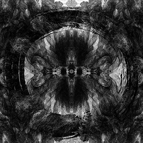 Abstract black and white symmetrical artwork featuring a dark circular shape and textured patterns.