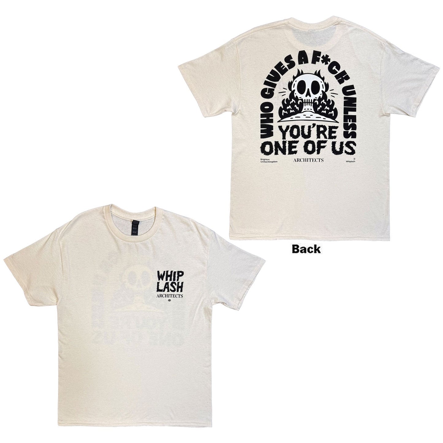 Beige t-shirt with black “Whiplash Architects” text and skull graphic.