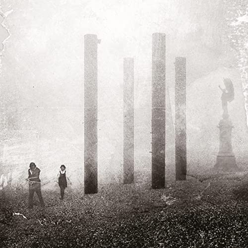 Black and white album cover with figures among ruined pillars and a statue.