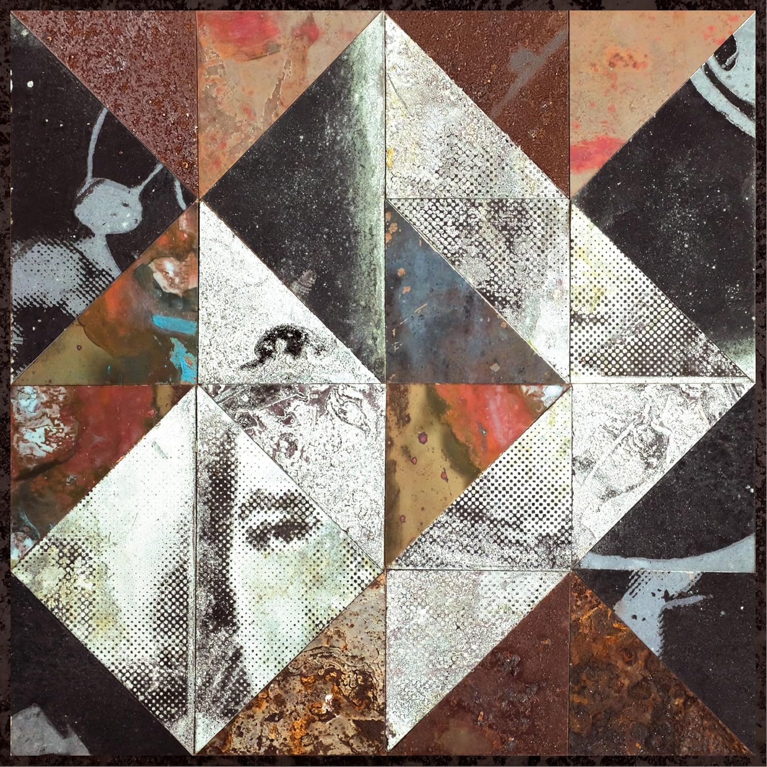 Abstract geometric grid of triangles featuring weathered metal textures and halftone portrait fragments.