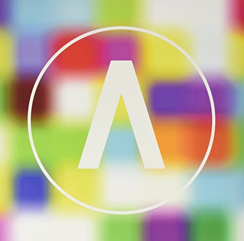 Colorful abstract square background with a white “A” in a circle.