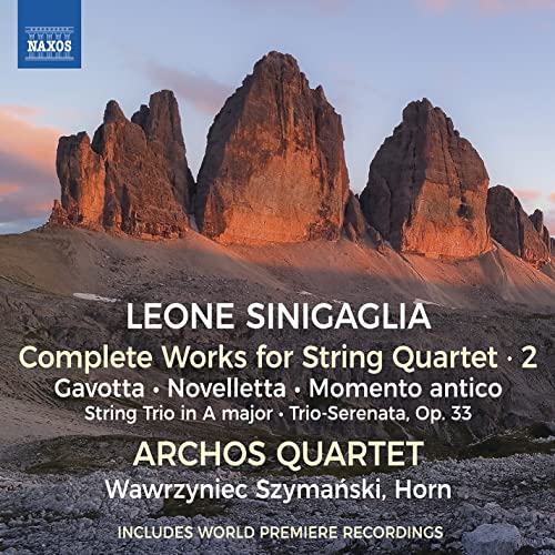 CD cover featuring mountain peaks and text: Leone Sinigaglia, Archos Quartet.