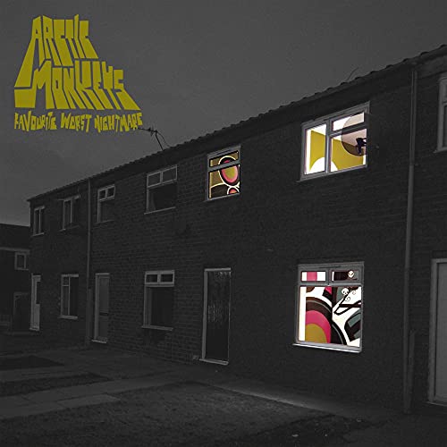 Arctic Monkeys album cover: brick buildings with patterned windows, yellow text.