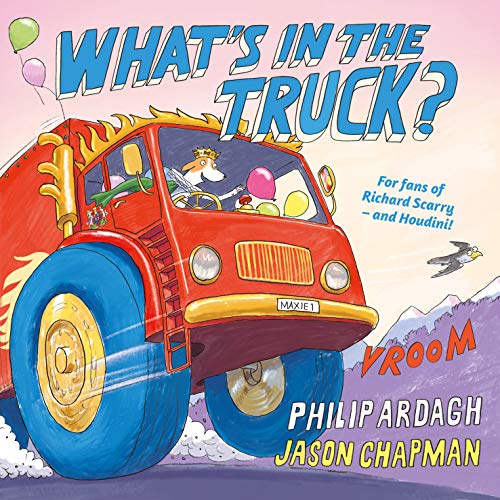 Red truck illustration with a dog driving, filled with colorful objects.