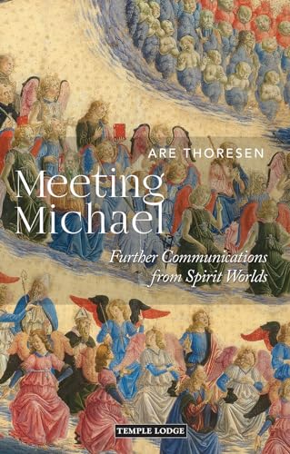 Book cover: "Meeting Michael" with angelic figures in a Renaissance style.