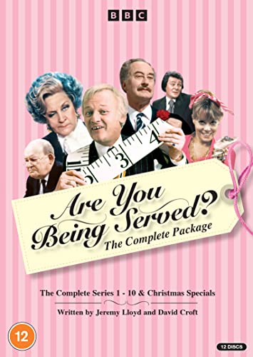 DVD cover for "Are You Being Served?" featuring cast members and a tag.