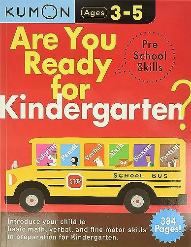 Kumon Are You Ready for Kindergarten workbook cover featuring a yellow school bus.