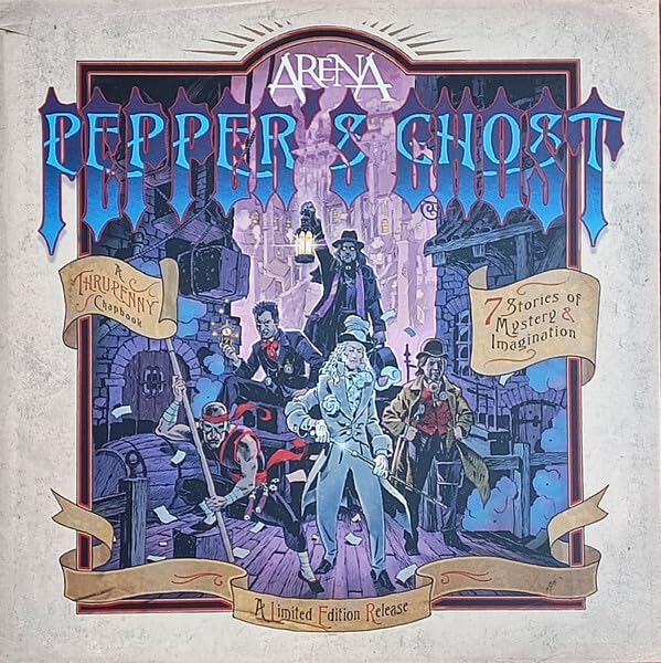 Vinyl album cover for Arena’s “Peppers Ghost” featuring illustrated figures and a castle.