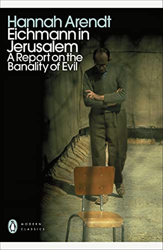 Book cover: "Eichmann in Jerusalem" featuring a man in glasses and a chair.