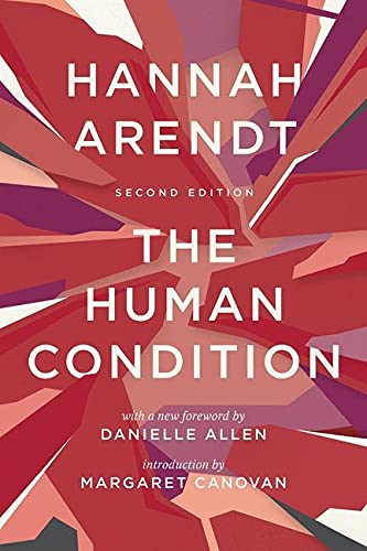Book cover of The Human Condition by Hannah Arendt with abstract red geometric background.
