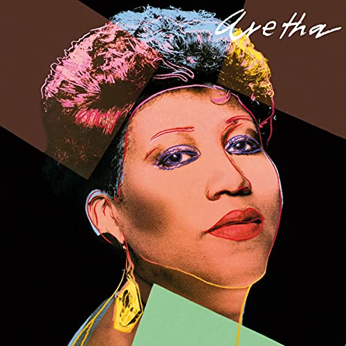 Pop art portrait of Aretha Franklin with colorful hair and makeup.
