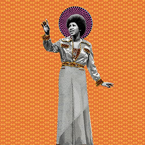 Aretha Franklin in a patterned dress, with a halo and orange background.