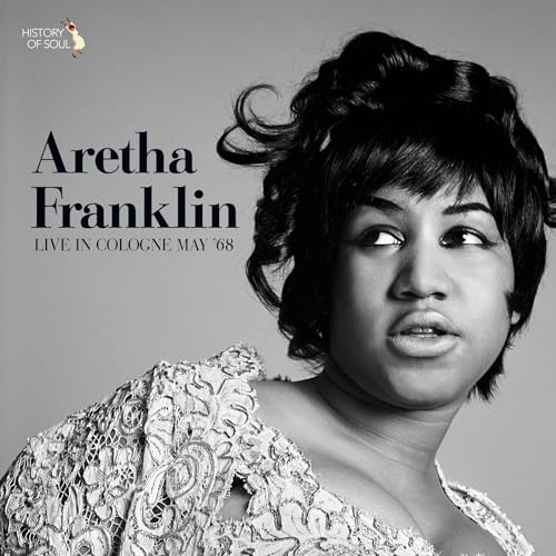 Black and white portrait of Aretha Franklin, album cover for live recording.