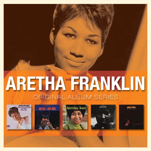 "Aretha Franklin album cover with her portrait and five smaller album covers below."