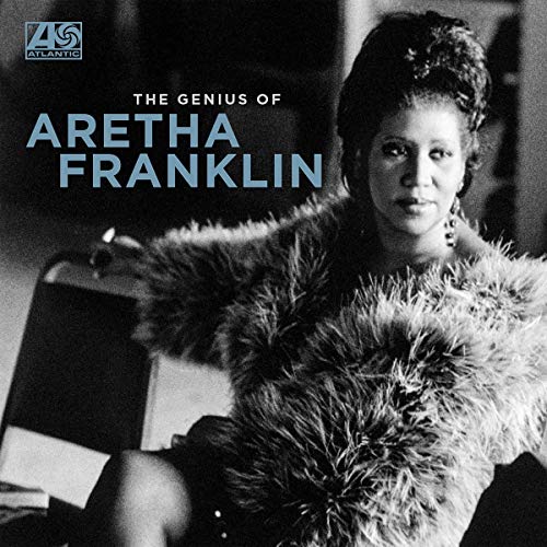 Black and white album cover of Aretha Franklin wearing a shaggy faux-fur coat.