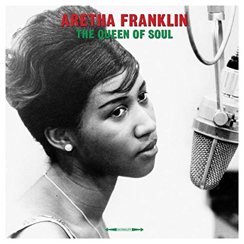 Aretha Franklin portrait singing into a vintage microphone, album cover.