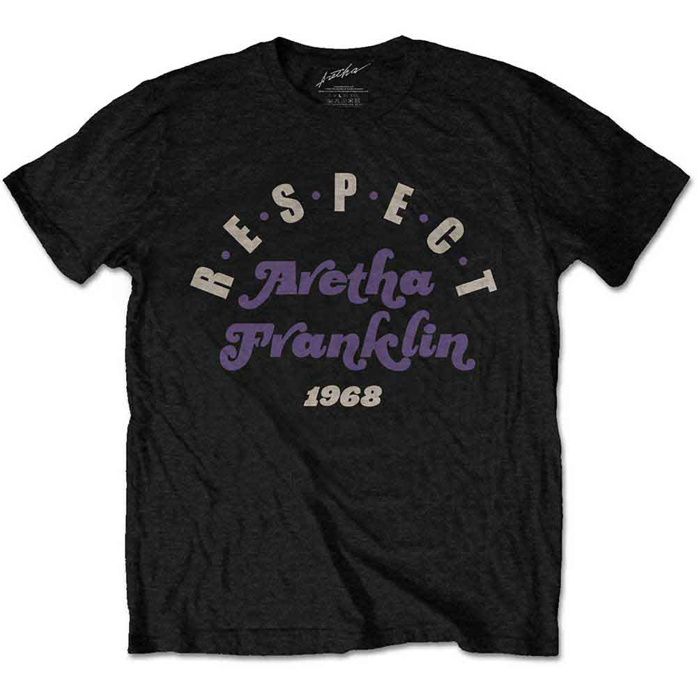 Black t-shirt featuring Aretha Franklin’s name and the word “Respect”.
