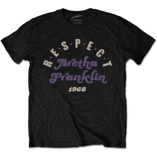 Black t-shirt featuring Aretha Franklin’s name and the word “Respect”.