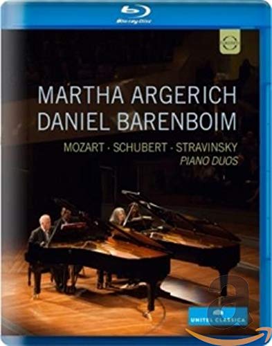Blu-ray case cover featuring Martha Argerich and Daniel Barenboim playing two grand pianos.