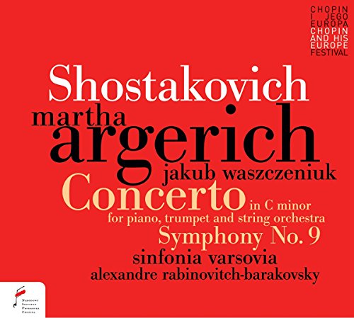 Red album cover featuring names "Shostakovich", "Argerich", and "Jakub Waszczeniuk" in white text.
