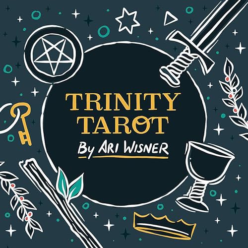 “Trinity Tarot” cover with sketched symbols: pentacle, sword, cup, wand, and crown.