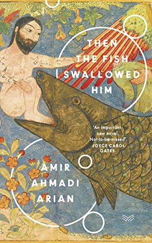 Book cover depicting a man and large fish in a blue, floral background.