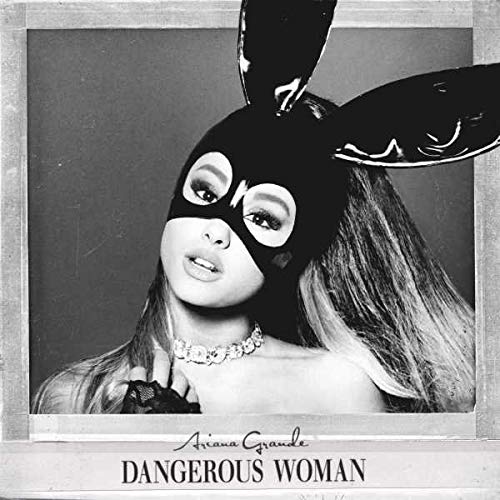 Black and white portrait of Ariana Grande wearing a black bunny ear mask.