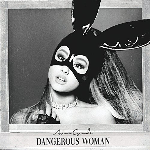 Black and white vinyl album cover featuring Ariana Grande wearing a bunny mask.