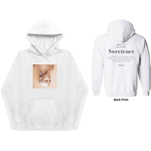 White hoodie with a square graphic of Ariana Grande on the back.