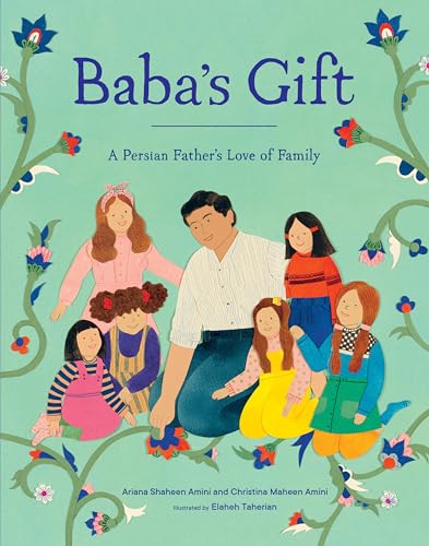 Book cover depicting a father with four daughters, illustrated in a folk art style.