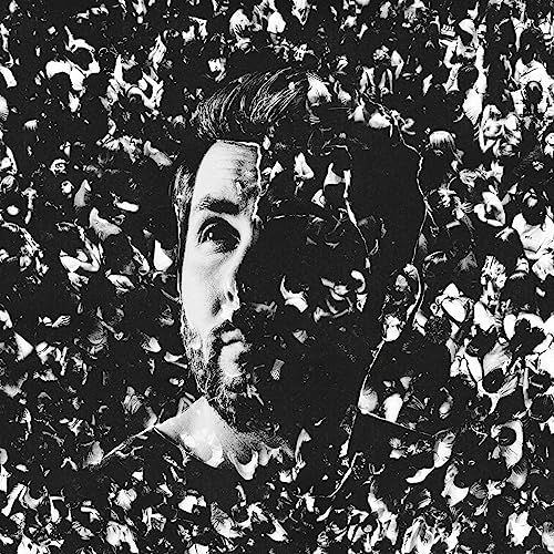 Black and white portrait of a man partially obscured by shapes.