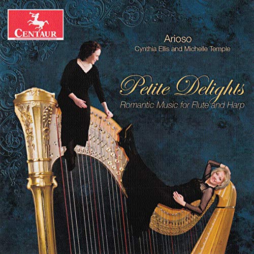 CD cover featuring two women with a harp, dark blue background, gold text.