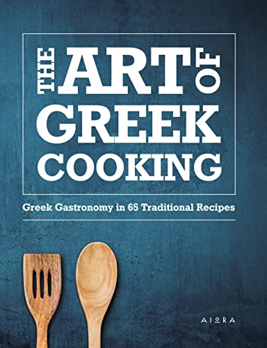 Cookbook cover, "The Art of Greek Cooking," with wooden spoons.