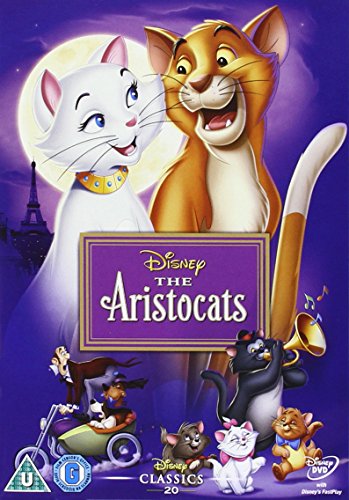 "DVD cover featuring a white cat with a yellow collar, purple background."
