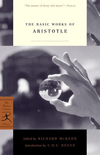 Book cover: "The Basic Works of Aristotle" with a hand holding a globe.