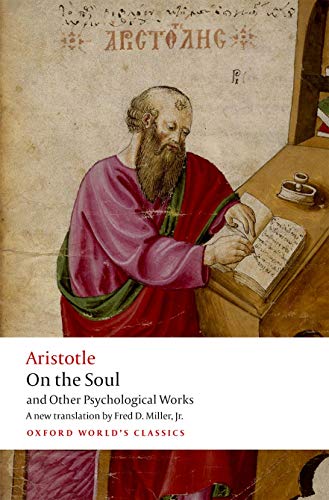 Book cover depicting a bearded man writing, titled “On the Soul” by Aristotle.