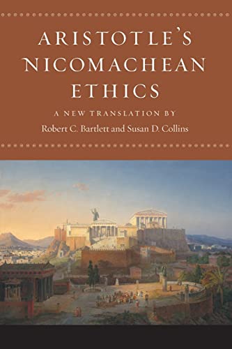Book cover of Aristotle's Nicomachean Ethics featuring a painting of the Acropolis at sunset.