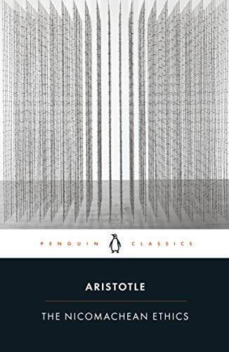 "Book cover of 'The Nicomachean Ethics' by Aristotle, featuring abstract gray and white design."