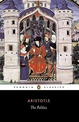 Book cover: "The Politics" by Aristotle, featuring medieval figures.