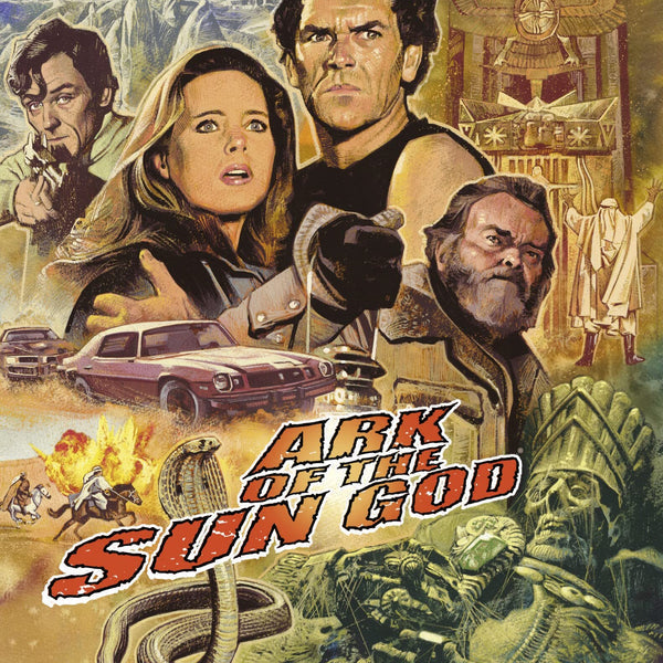 Illustrated movie poster for Ark of the Sun God featuring actors, cars, and snakes.