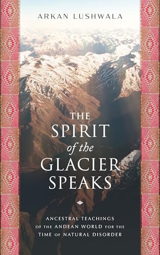 Book cover with snowy mountain range and decorative pink and gold border.