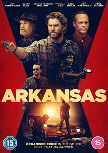 DVD cover for the film Arkansas featuring a cast ensemble against a red background.
