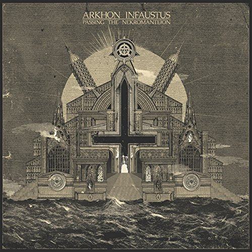 Detailed, symmetrical architectural illustration with a dark, inverted cross.