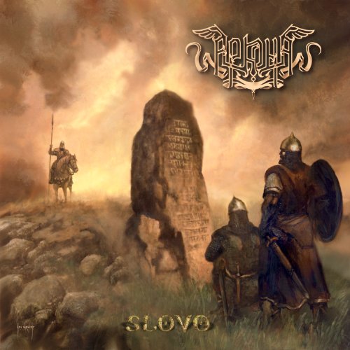 CD cover art: warriors before a stone with runes, foggy landscape.