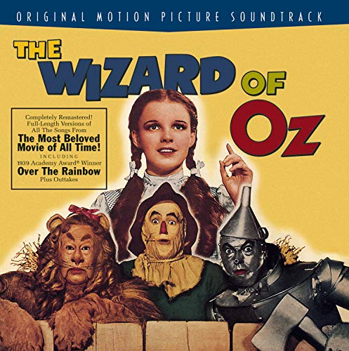 The Wizard of Oz soundtrack CD cover featuring Dorothy, the Lion, Scarecrow, and Tin Man.