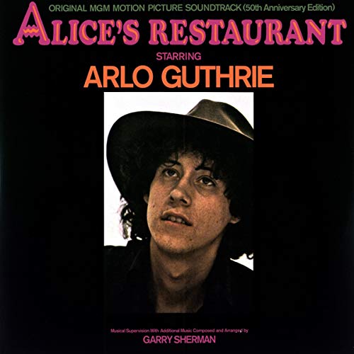 "Black album cover featuring a man in a hat, with title 'Alice's Restaurant'."