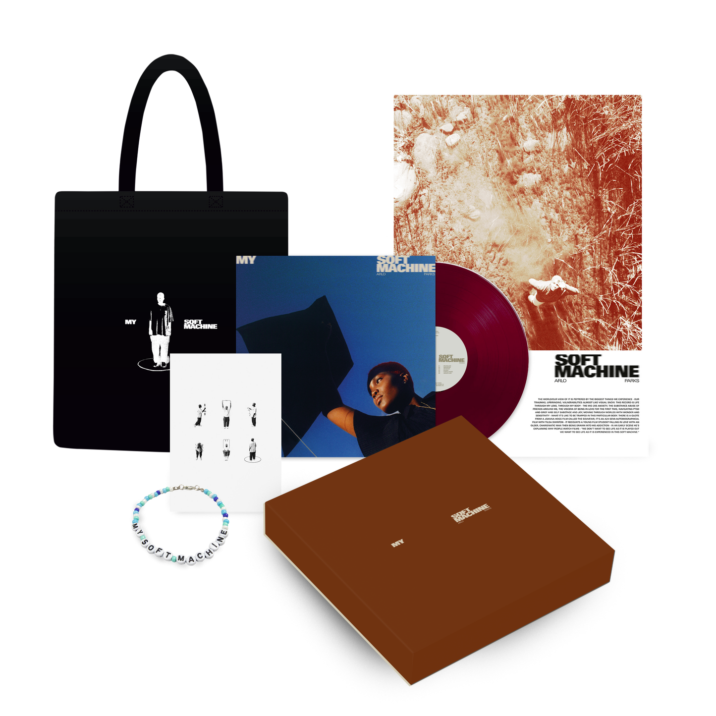 "Arlo Parks vinyl boxset with tote bag, purple vinyl, booklet, and beaded bracelet."