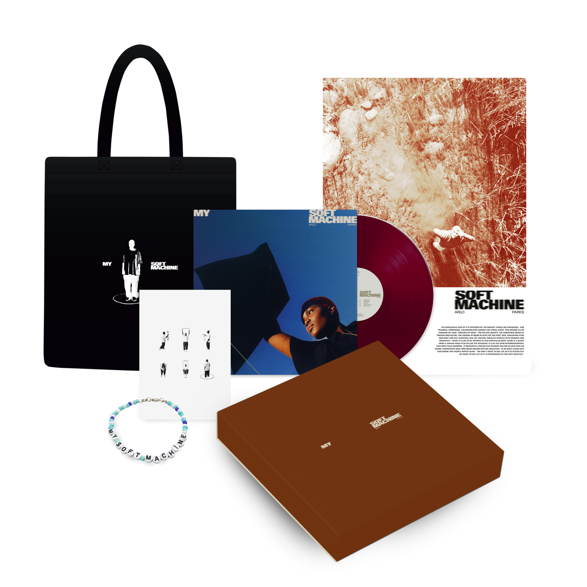 "Arlo Parks vinyl boxset with tote bag, purple vinyl, booklet, and beaded bracelet."