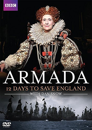 Queen Elizabeth I in period costume above a fleet of ships on the ocean.