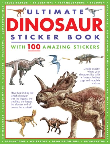 Cover of Ultimate Dinosaur Sticker Book featuring various dinosaur illustrations and text.